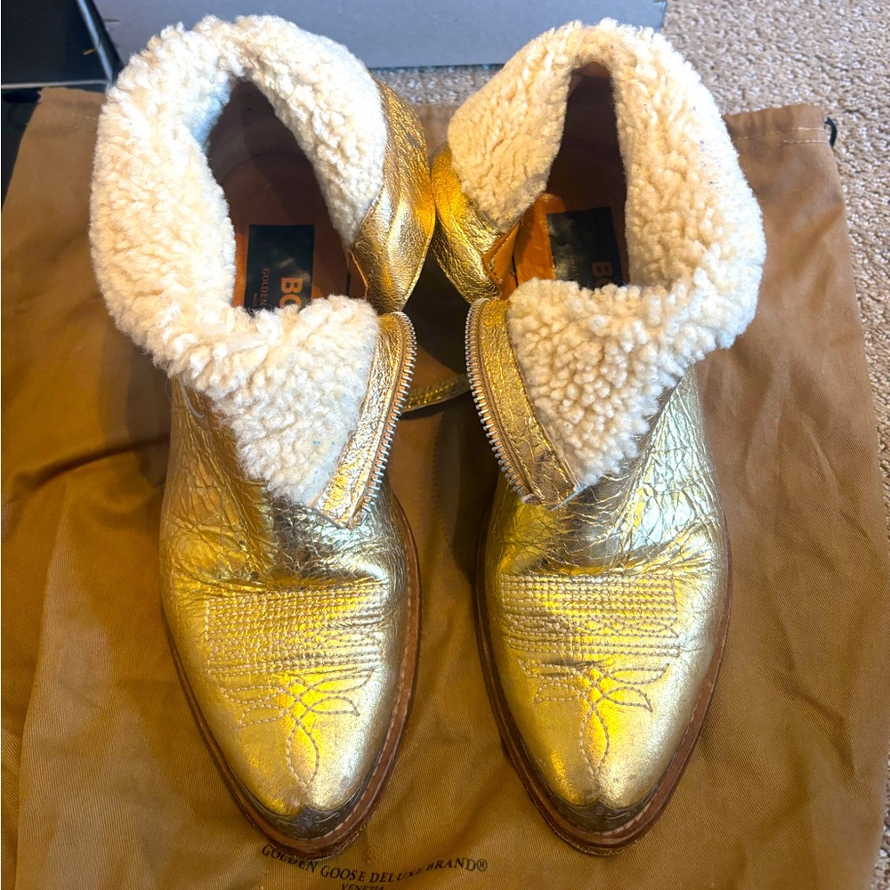 Golden Goose Metallic Gold Shearling-Lined Ankle Boots 38 EUC
